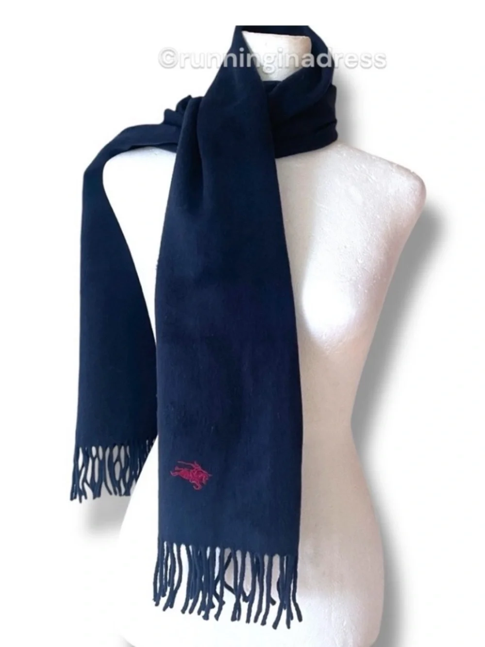Vintage Burberrys Cashmere Scarf Navy Blue Red Equestrian Knight Logo Pre-1999